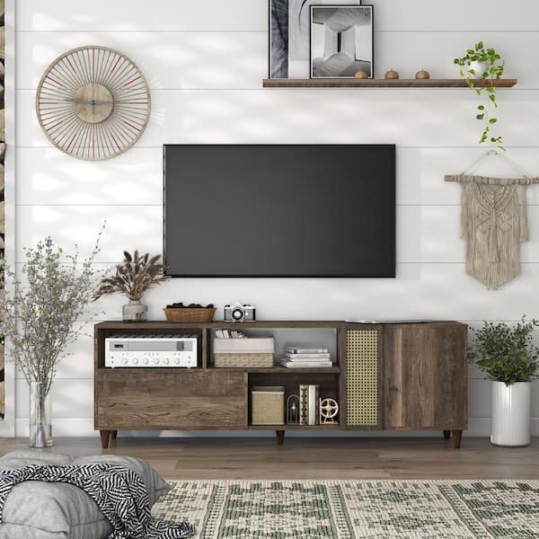 Furniture of America Burd 71 in. Reclaimed Oak MDF TV Stand with 1-Drawer Fits TVs Up to 80 in. with Storage Doors