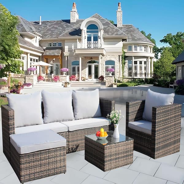 Sudzendf 4-Piece Wicker Outdoor Sectional Set with Coffee Table and Gray Cushions, Outdoor Garden Patio Furniture Set