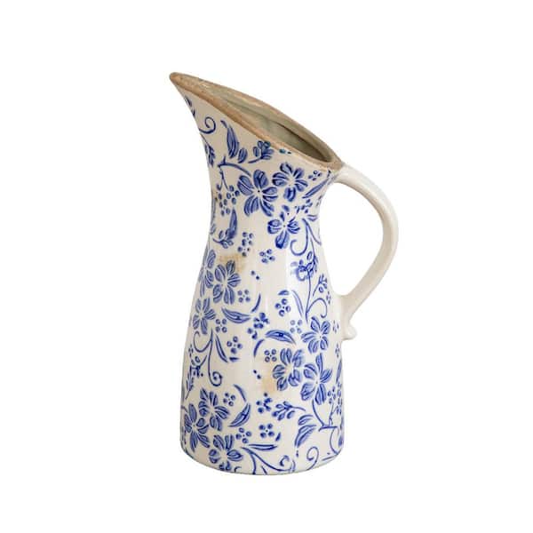 10.5 in. Floral Tuscan Ceramic Blue Scroll Pitcher Vase