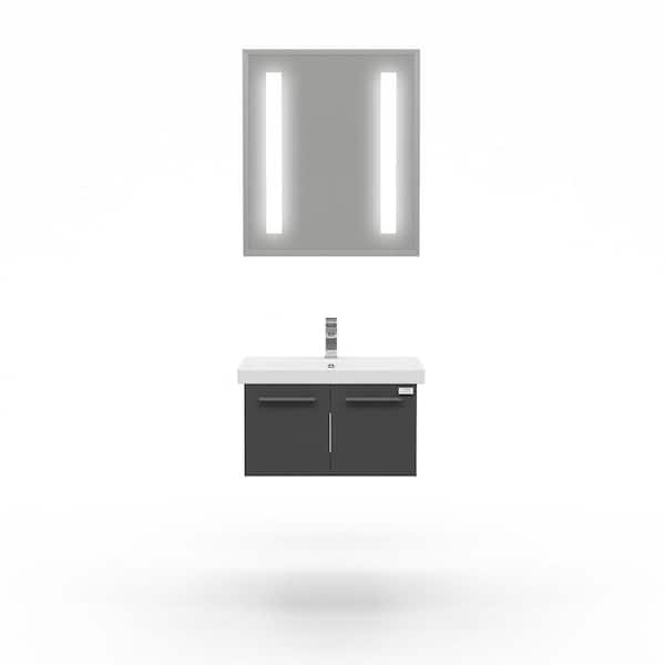 Aspe 32 in. W x 18 in. D Vanity in Glossy Gray with Ceramic Vanity Top in White with White Basin and LED Mirror