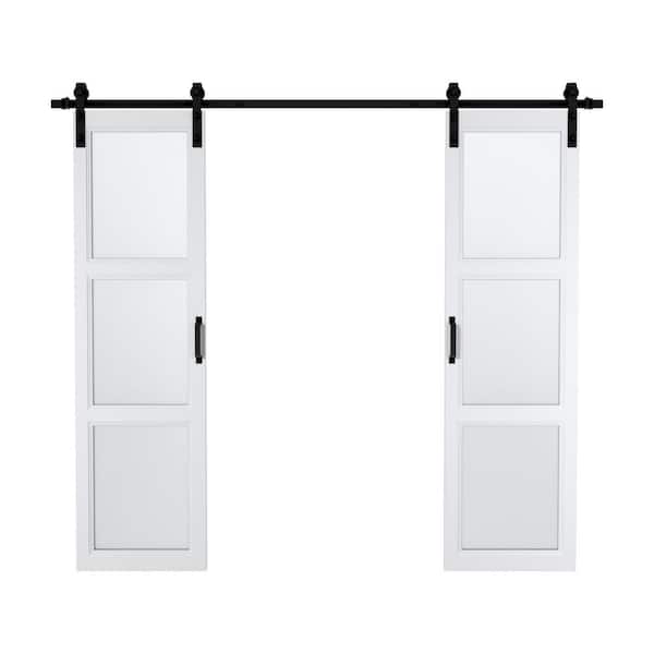 ARK DESIGN 48 in. x 84 in. 3-Lites Frosted Glass and MDF Finished Double Sliding Barn Door with Soft Close and Hardware Kit