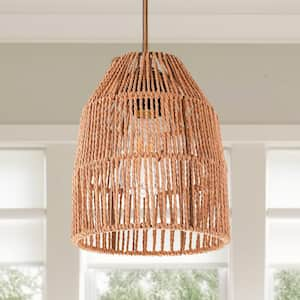 3 in. 1-Light Boho Brown Pendant Light Plug-in Rustic Hand-Woven Hemp Rope Cage Hanging Lamp with On/Off Switch (2-pack)