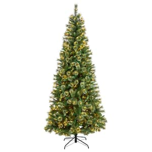 8 ft. Pre-Lit Wisconsin Slim Snow Tip Pine Artificial Christmas Tree with 600 Clear LED Lights and 908 Bendable Branches