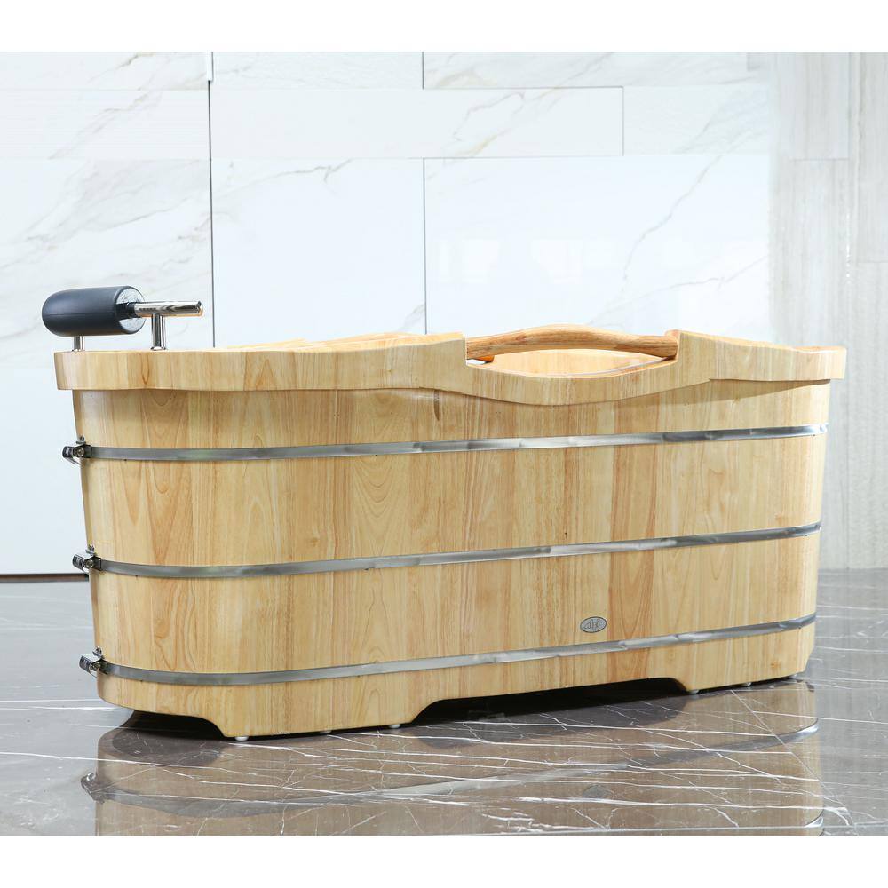 61'' Natural Oak Freestanding Soaking Bathtub with Cushion Headrest