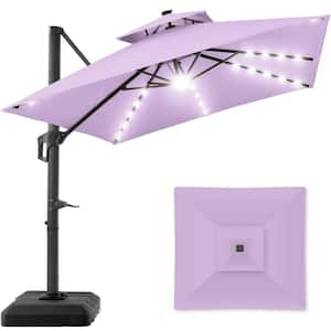 10 ft. Solar LED 2-Tier Square Cantilever Patio Umbrella with Base Included in Lavender