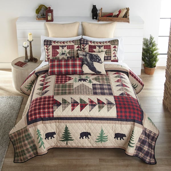 Forest Point Red and Cream 3PC Polyester Queen Quilt Set