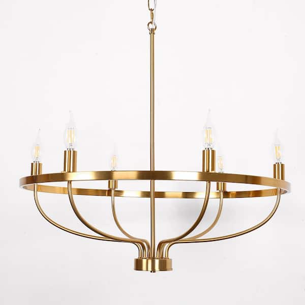 YANSUN 28.54 in. 6-Light Gold Mid-Century Wagon Wheel Vintage Farmhouse Candle Chandelier for Dining Room Living Room