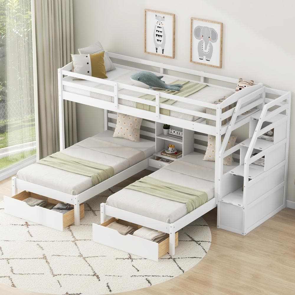 Qualler White Twin over Twin & Twin Bunk Bed with Drawers