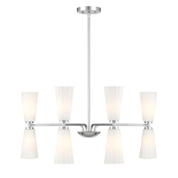 TUXEDO PARK LIGHTING 32 in. W x 14.5 in. H 8-Light Chrome Contemporary Chandelier with White Fluted Glass Shades