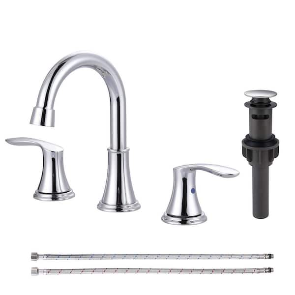 VEVETTA 8 in. Widespread Double Handle Bathroom Faucet with Drain Kit Included and Supply Line in Polished Chrome