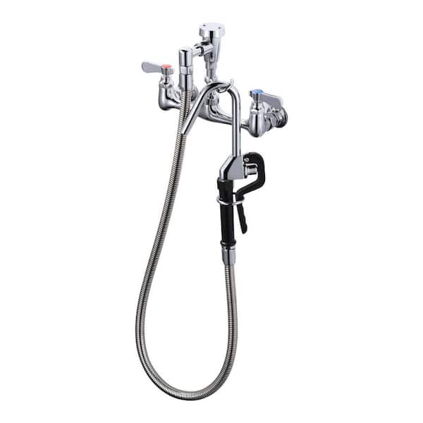 Wall Mounted Double Handle Brass Pot Filler Kitchen Faucet with 43 in. Hose and Hook Nozzle in Polished Chrome