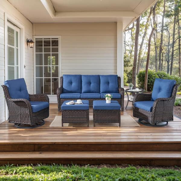moosprr 6-Piece Brown Wicker Patio Conversation Set with Olefin Blue Cushions and Swivel Glider Chairs/Couch