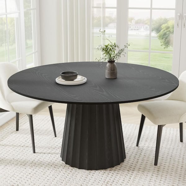 Dovelina 60 in. Solid Wood Pedestal Black Dining Table Round Kitchen Table Seats 6