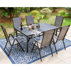 Grey 7-Pieces Metal Outdoor Patio Dining Set with Folding Sling Dining Chairs