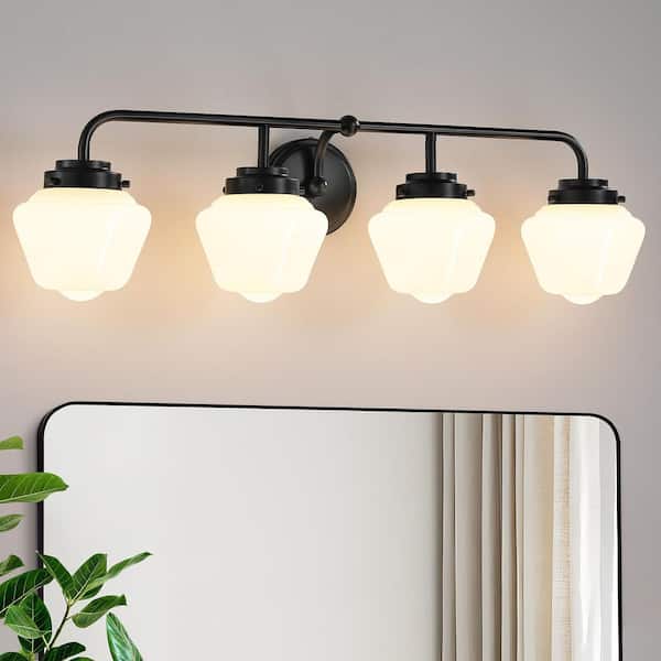 KAISITE 31 in. 4-Light Dimmable Wall Sconce Black Vanity Light With Globe Glass Shade For Bathroom Light Fixtures Over Mirror