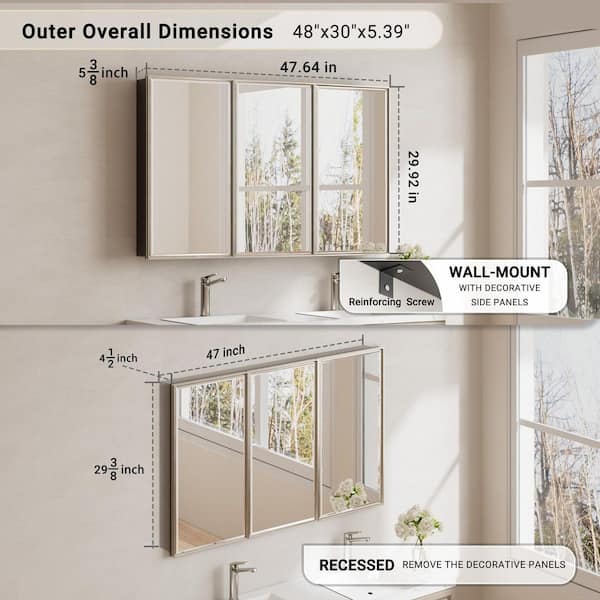 Musey 48 in W x 30 in H Brush Nickel Rectangular Aluminum Medicine Cabinet with Beveled Mirror, Recessed or Surface