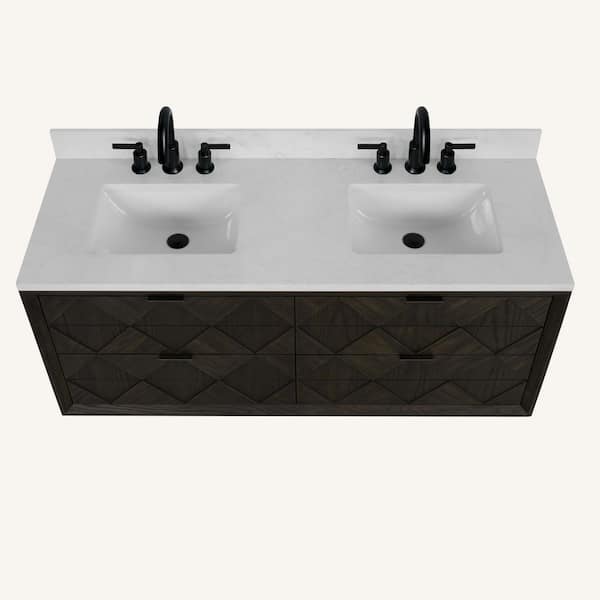 WH2860-BO 60 in. Double Sink Vanity Brown Oak Finish Bath Vanity with White 1 in. Engineered Marble Top