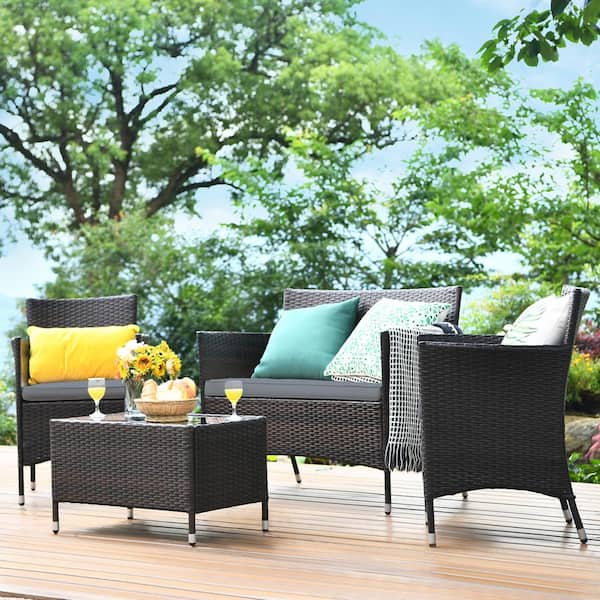 Gymax 4PCS Patio Wicker Rattan Conversation Furniture Set Outdoor w/Brown & Grey Cushion