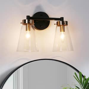 Modern Minimalist 14 in. 2-Light Black and Brass Bath Vanity Light with Bell Clear Glass Shades Powder Room Wall Light