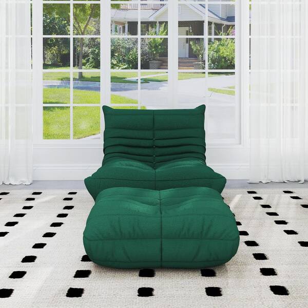 2-Piece Anti-Skip Bean Bag Teddy Velvet Top Thick Seat Living Room Lazy Sofa in Green (1-Seater plus Ottoman)