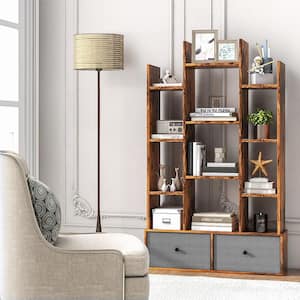 31.5 in. Wide Industrial Bookshelf Rustic Wooden 12-Shelf Organizer Bookcase with 2-Non-woven Fabric Drawer