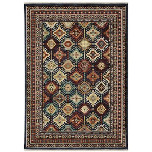 7 X 10 Navy Blue, Red, Orange Oriental Washable Area Rug Runner Rug