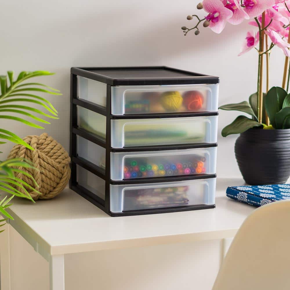 Small Black Plastic 4-Drawer Stackable Organizer, Set of 2