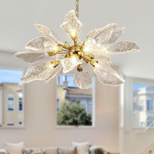 YUYI D31.5 in. 18-Light Gold Modern Chandelier, Crystal Leaf Chandelier for Bedroom, Dining Room, Living Room, Foyer