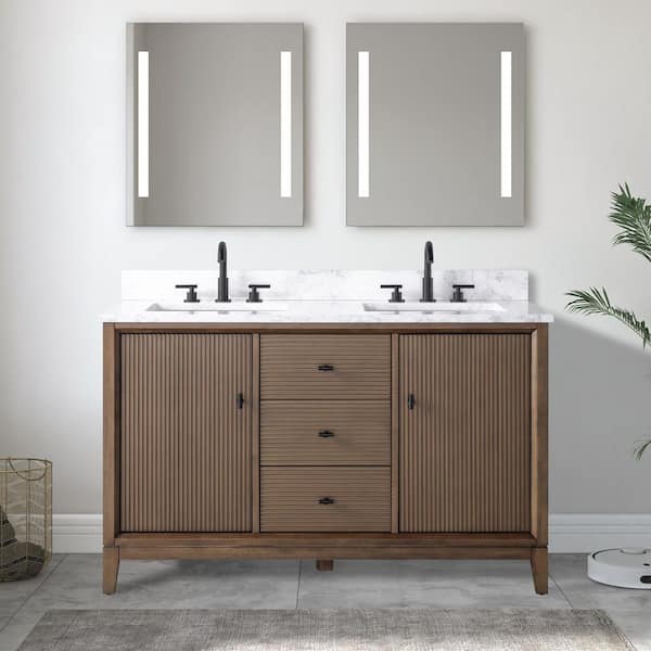 54 in. W x 22 in. D Double Sink Freestanding Walnut Bath Vanity Cabinet with White Engineered Marble Top