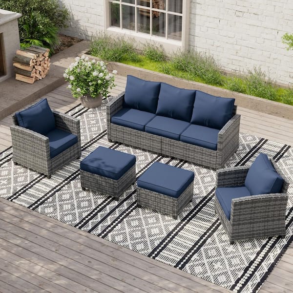 Poteban 5-Pieces Wicker Patio Conversation Set with Navy Cushion