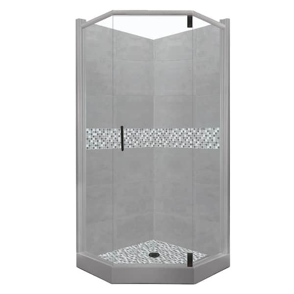 American Bath Factory Del Mar Grand Hinged 32 in. x 36 in. x 80 in. Right-Cut Neo-Angle Shower Kit in Wet Cement and Black Pipe Hardware