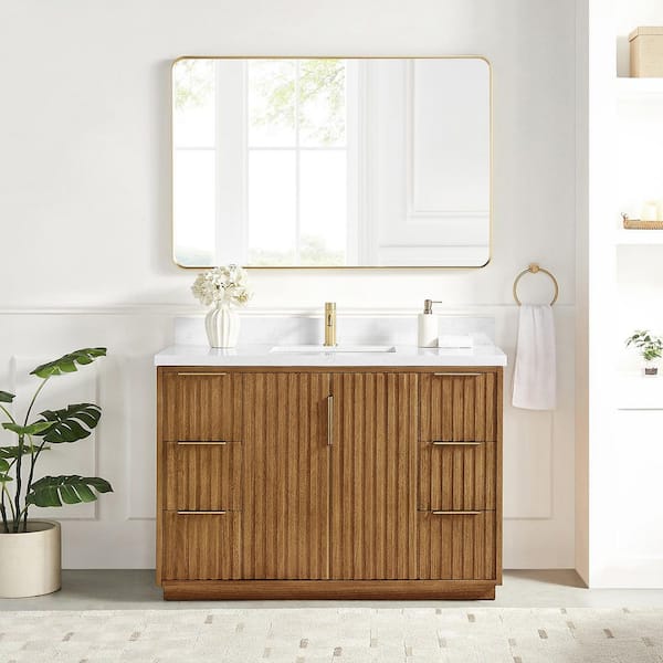 Bangkok 48 in.W x 22 in.D x 33.8 in.H Single Sink Bath Vanity in Mango Wood Light Brown with White Engineered Stone Top