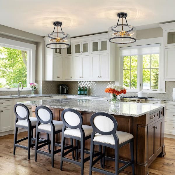 16 in. 4-Light Drum Matte Black and Gold Semi-Flush Mount with Clear Glass Shade for Kitchen Foyer Bedroom