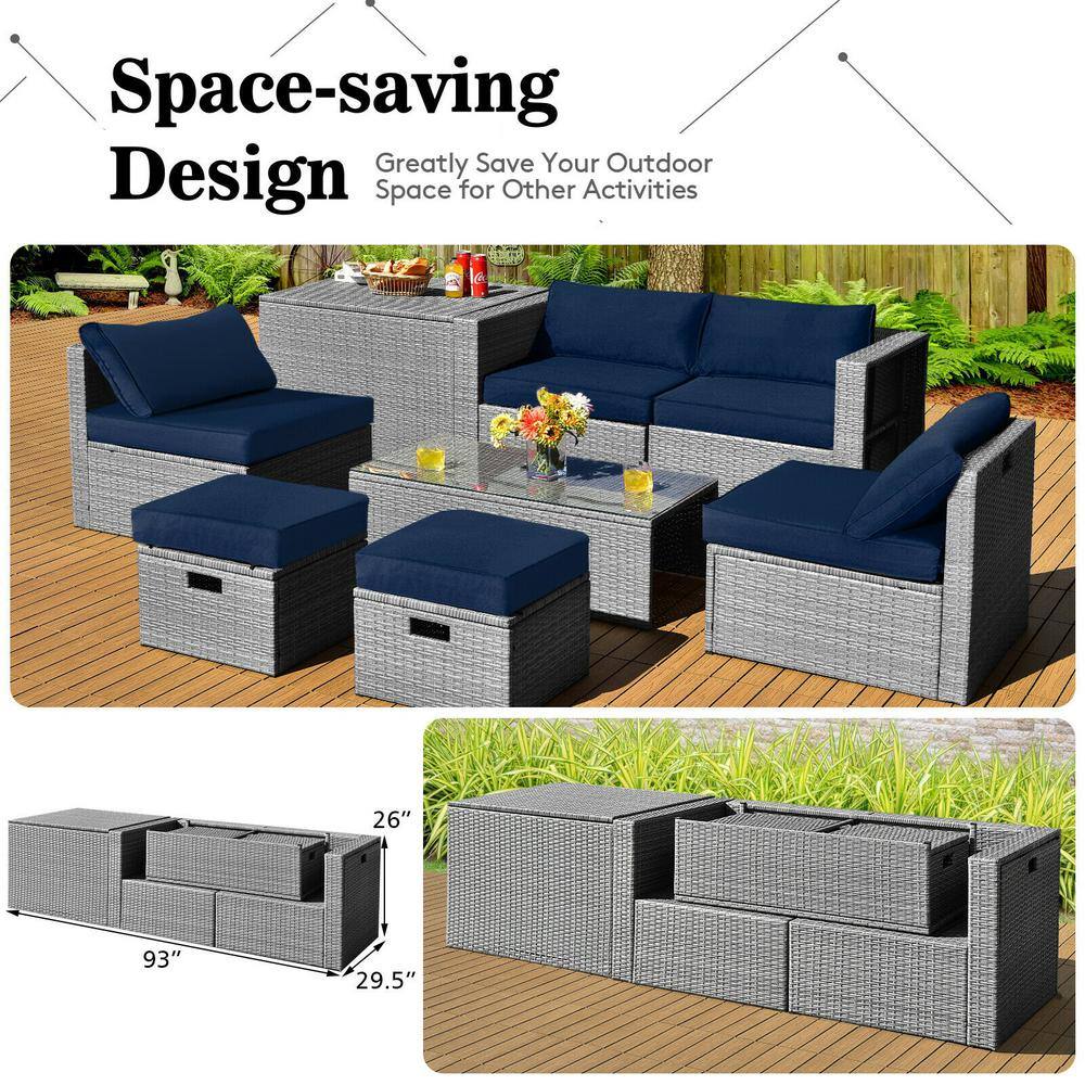 8-Piece Navy PE Rattan Outdoor Patio Furniture Set
