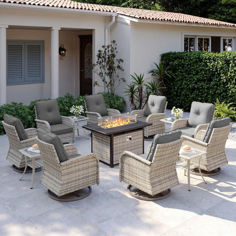 13-Piece Wicker Swivel Patio Conversation Set with 55,000-BTU Fire Pit Table and Side Tables with Light Grey Cushions price history on PriceWatchPro