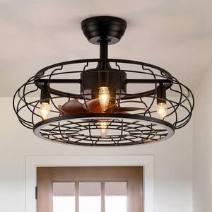 23 in. 4-Light Indoor Farmhouse Black Ceiling Fan with Lights Caged Ceiling Fan with Remote and Wood Grain Blades