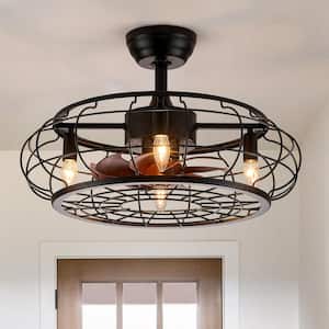 23 in. 4-Light Indoor Farmhouse Black Ceiling Fan with Lights Caged Ceiling Fan with Remote and Wood Grain Blades