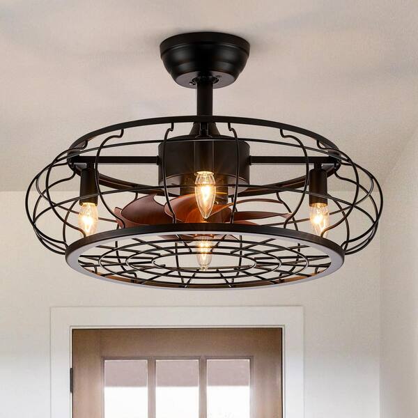 ANTOINE 23 in. 4-Light Indoor Farmhouse Black Ceiling Fan with Lights Caged Ceiling Fan with Remote and Wood Grain Blades