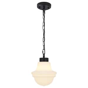 Myrtis 8.26 in. 1-Light Black Schoolhouse Metal Pendant Light with Frosted Opal Glass Shade Adjustable Pendant