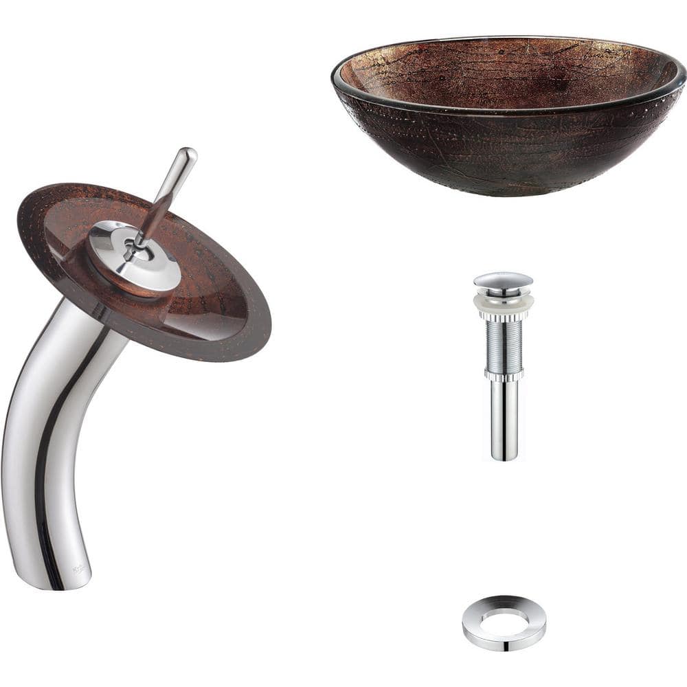 Copper Brown Glass Vessel Sink with Chrome Waterfall Faucet
