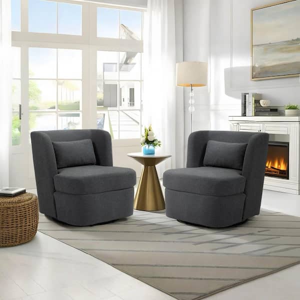 Gray Linen Upholstered 360° Swivel Accent Barrel Chair with Metal Base(Set of 2)