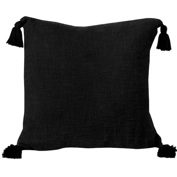 Unbranded Unique Jet Black 20 in. x 20 in. Neutral Solid Cotton Indoor Throw Pillow with Tassels