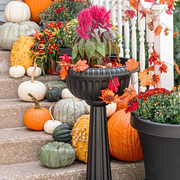 Grecian 32 in. Black Plastic Urn Tall Pedestal Planter