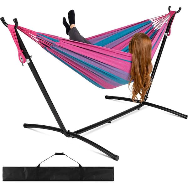 Unbranded 9 ft. 2-Person Double Hammock with Stand Set with Patio with Carrying Bag, Outdoor Brazilian-Style （ Aster）