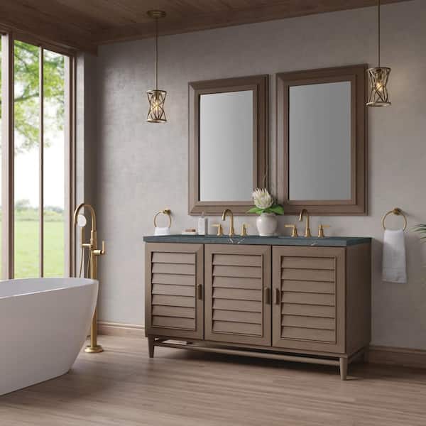 James Martin Vanities Portland 60.0 in. W x 23.5 in. D x 34.3 in. H Bathroom Vanity in Whitewashed Walnut with Parisien Bleu Top