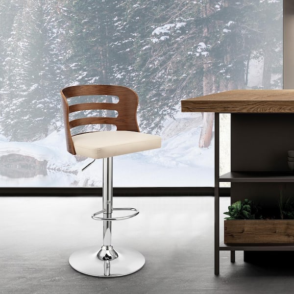 Armen Living Khalia 44 in. Low Back Adjustable Swivel Cream Faux Leather & Walnut Wood Frame Low Back Bar Stool, Chrome Base