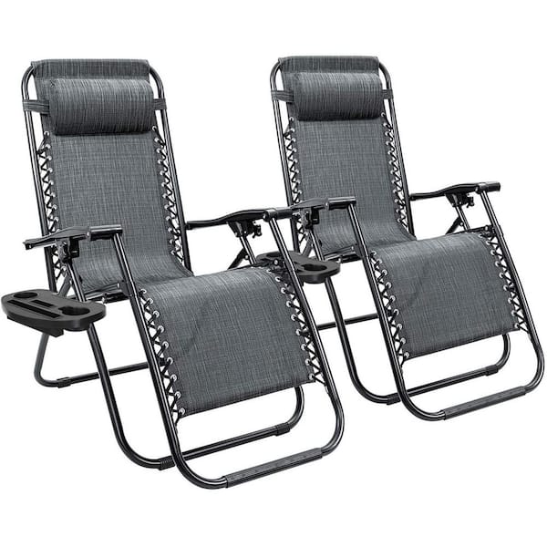 Tozey 2-Piece Dark Gray Zero Gravity Black Metal Lawn Chair Set Adjustable Folding Beach Chair with Pillows and Cup Holders