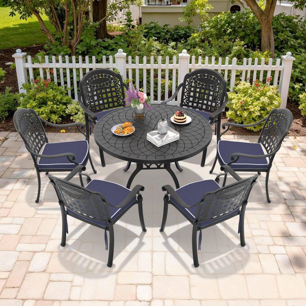 Black 7-Piece Cast Aluminum Outdoor Dining Set, 47.24 in. Round Dining Table and 6 Patio Chairs with Blue Cushions price history on PriceWatchPro