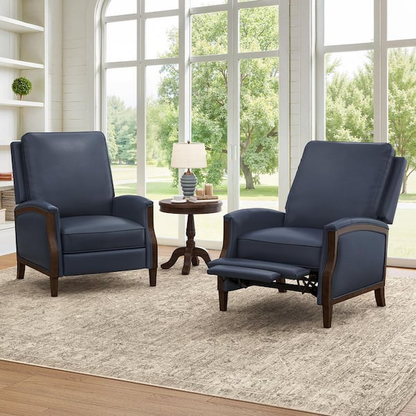 Lia Mid Century Navy Comfy Genuine Leather Manual Push Back Recliner with Solid Wood Frame Handrail(Set of 2)