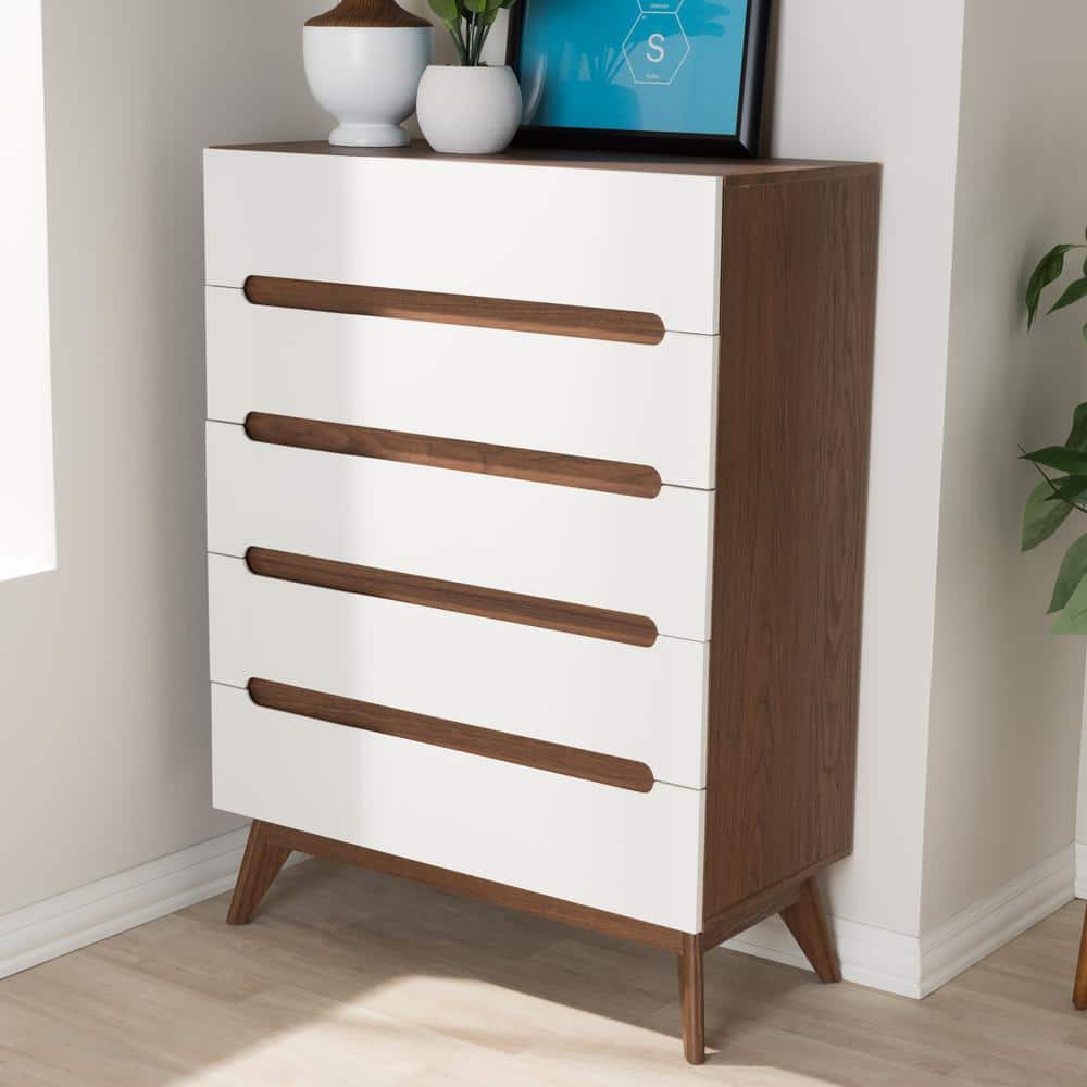 Calypso Mid-Century Modern White and Walnut 5-Drawer Chest